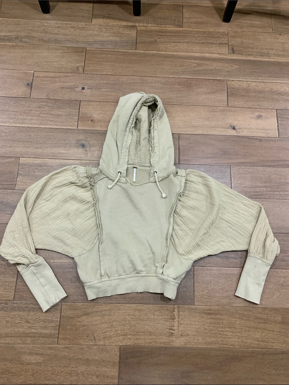 Free People Cropped Hoodie with Balloon Textured Sleeves — Beige